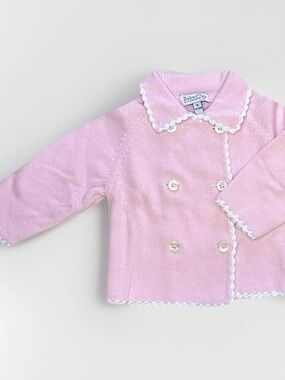 Baby CZ Light Pink Double-Breasted Knit Pea Coat with White Trim